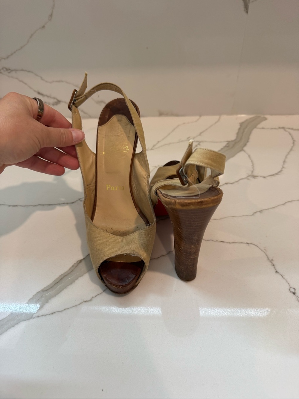Christian Louboutin Beige Open-Toe Slingback Heels with Stacked Wood Heel